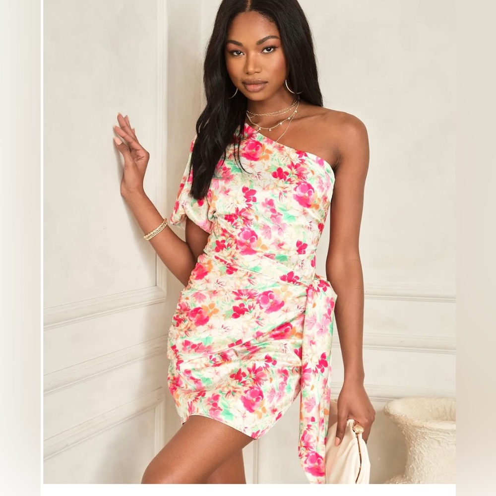 HAPPY WITH YOU SATIN FLORAL ONE SHOULDER MINI DRESS